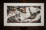 Original Painting of a fox hunting a pheasant by Irish Wildlife Artist Jessica Ivy 