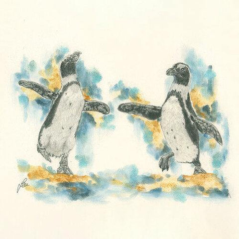 Print of Two Dancing Penguins Painting by Irish Wildlife Artist Jessica Ivy