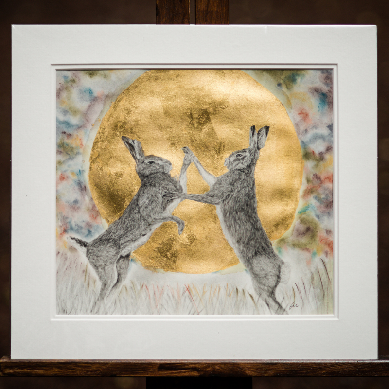 Original Painting of a fighting hares by Irish Wildlife Artist Jessica Ivy 