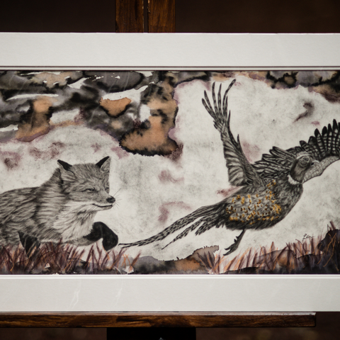 Original Painting of a fox hunting a pheasant by Irish Wildlife Artist Jessica Ivy 